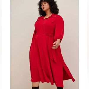 Torrid Women’s Size 3 Jester Red Tea Length Studio Refined Woven Shirt Dress NWT